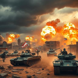 A dramatic scene depicting a fictional contemporary conflict between Iran and Israel, showcasing military forces clashing in a vibrant war-torn landscape