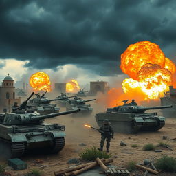 A dramatic scene depicting a fictional contemporary conflict between Iran and Israel, showcasing military forces clashing in a vibrant war-torn landscape