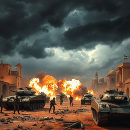 A dramatic scene depicting a fictional contemporary conflict between Iran and Israel, showcasing military forces clashing in a vibrant war-torn landscape