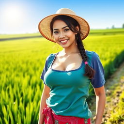 A beautiful Malaysian woman with large, round breasts, dressed as a farmer
