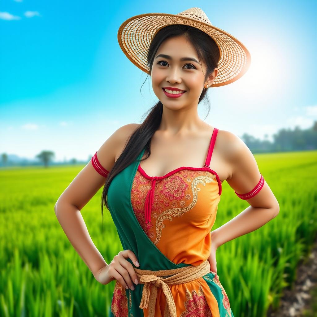 A beautiful Malaysian woman with large, round breasts, dressed as a farmer