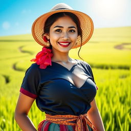A beautiful Malaysian woman with large, round breasts, dressed as a farmer