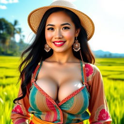 A beautiful Malaysian woman with large, round breasts, dressed as a farmer