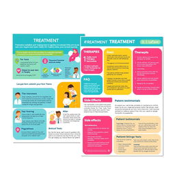Create a vibrant and informative leaflet and poster layout focusing on treatment options available for a specific health issue, showcasing key details like different kinds of therapies, their benefits, and potential side effects