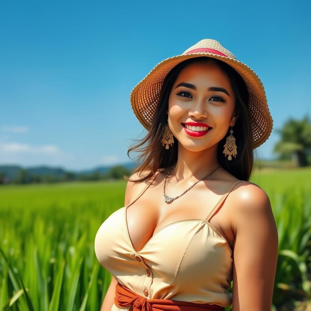 A beautiful Malaysian woman with large, round breasts, dressed in traditional farmer attire