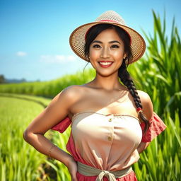 A beautiful Malaysian woman with large, round breasts, dressed in traditional farmer attire