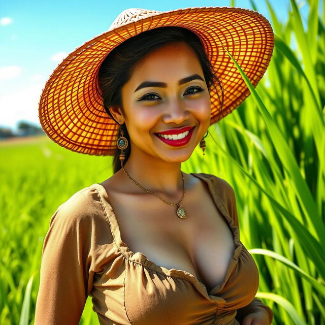 A beautiful Malaysian woman with large, round breasts, dressed in traditional farmer attire