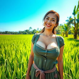 A beautiful Malaysian woman with large, round breasts, dressed in traditional farmer attire