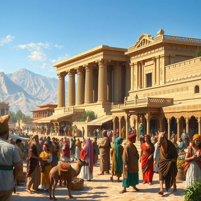 What if the Achaemenid Empire was still in power in Iran? A vibrant and majestic scene depicting a bustling marketplace in ancient Persia, showcasing traders exchanging goods, and colorful textiles