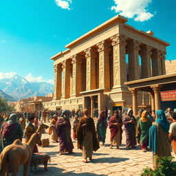 What if the Achaemenid Empire was still in power in Iran? A vibrant and majestic scene depicting a bustling marketplace in ancient Persia, showcasing traders exchanging goods, and colorful textiles
