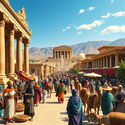 What if the Achaemenid Empire was still in power in Iran? A vibrant and majestic scene depicting a bustling marketplace in ancient Persia, showcasing traders exchanging goods, and colorful textiles