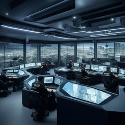 A well-lit SWAT control room styled glass penthouse office with five officers seated at arc console and screens, and another officer at a separate desk and screen, styled in accordance with architectural features in the provided link.