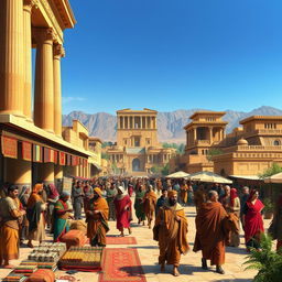 What if the Achaemenid Empire was still in power in Iran? A vibrant and majestic scene depicting a bustling marketplace in ancient Persia, showcasing traders exchanging goods, and colorful textiles