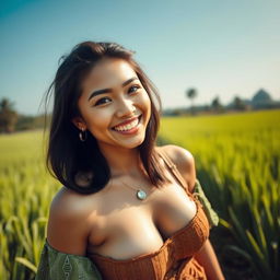 A stunningly beautiful Malaysian woman with large, round breasts, dressed in traditional farmer attire
