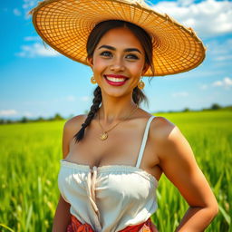 A stunningly beautiful Malaysian woman with large, round breasts, dressed in traditional farmer attire