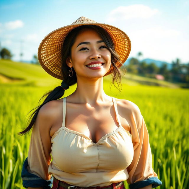 A stunningly beautiful Malaysian woman with large, round breasts, dressed in traditional farmer attire