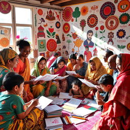A vibrant community gathering showcasing diverse cultural groups collaboratively designing and creating tailored IEC (Information, Education, Communication) materials