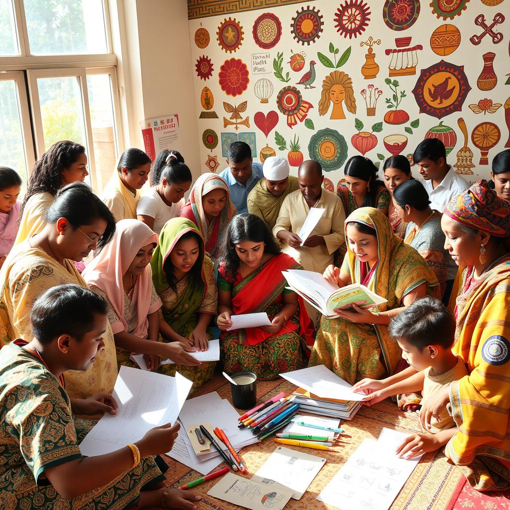 A vibrant community gathering showcasing diverse cultural groups collaboratively designing and creating tailored IEC (Information, Education, Communication) materials