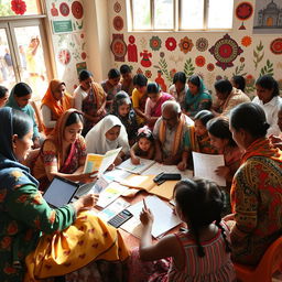 A vibrant community gathering showcasing diverse cultural groups collaboratively designing and creating tailored IEC (Information, Education, Communication) materials