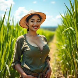 A stunningly beautiful Malaysian woman with large, round breasts, dressed in traditional farmer clothing