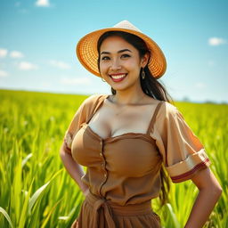 A stunningly beautiful Malaysian woman with large, round breasts, dressed in traditional farmer clothing