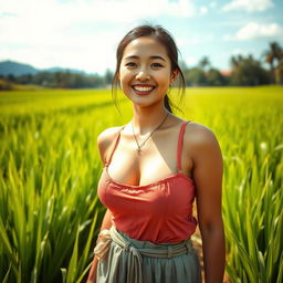 A stunningly beautiful Malaysian woman with large, round breasts, dressed in traditional farmer clothing