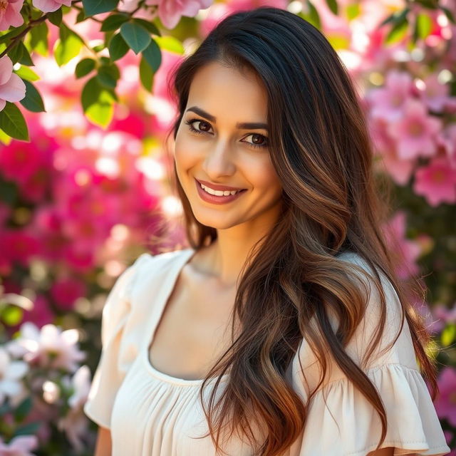 A serene and loving portrait of a mother with an affectionate gaze, surrounded by a beautiful garden filled with blooming flowers