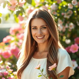 A serene and loving portrait of a mother with an affectionate gaze, surrounded by a beautiful garden filled with blooming flowers