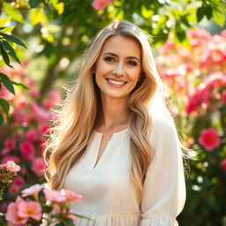 A serene and loving portrait of a mother with an affectionate gaze, surrounded by a beautiful garden filled with blooming flowers