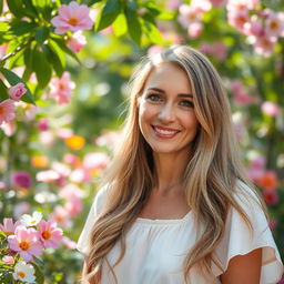 A serene and loving portrait of a mother with an affectionate gaze, surrounded by a beautiful garden filled with blooming flowers