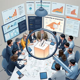 A detailed visual representation of a leadership model for election supervision, incorporating elements like charts, diverse leaders in discussions, election monitoring activities, and a voting ballot