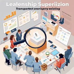 A detailed visual representation of a leadership model for election supervision, incorporating elements like charts, diverse leaders in discussions, election monitoring activities, and a voting ballot