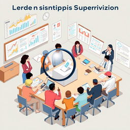 A detailed visual representation of a leadership model for election supervision, incorporating elements like charts, diverse leaders in discussions, election monitoring activities, and a voting ballot