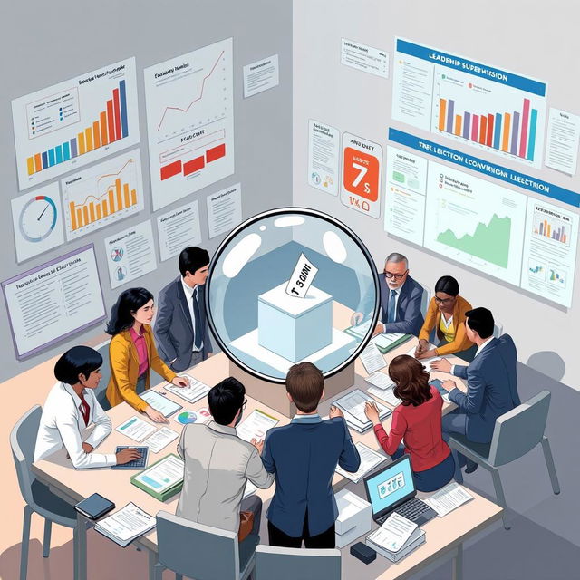 A detailed visual representation of a leadership model for election supervision, incorporating elements like charts, diverse leaders in discussions, election monitoring activities, and a voting ballot