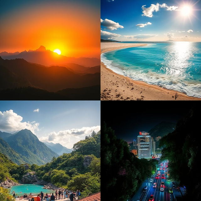 A vibrant and colorful collection of stylized photos showcasing various beautiful landscapes, each with a unique setting such as a serene mountain range at sunrise, a tranquil beach with crystal clear water under a bright blue sky, a lush green forest with sunlight filtering through the leaves, and a bustling urban area at night, illuminated by colorful city lights