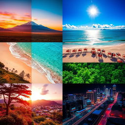 A vibrant and colorful collection of stylized photos showcasing various beautiful landscapes, each with a unique setting such as a serene mountain range at sunrise, a tranquil beach with crystal clear water under a bright blue sky, a lush green forest with sunlight filtering through the leaves, and a bustling urban area at night, illuminated by colorful city lights