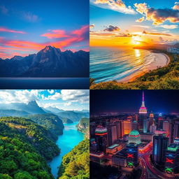 A vibrant and colorful collection of stylized photos showcasing various beautiful landscapes, each with a unique setting such as a serene mountain range at sunrise, a tranquil beach with crystal clear water under a bright blue sky, a lush green forest with sunlight filtering through the leaves, and a bustling urban area at night, illuminated by colorful city lights