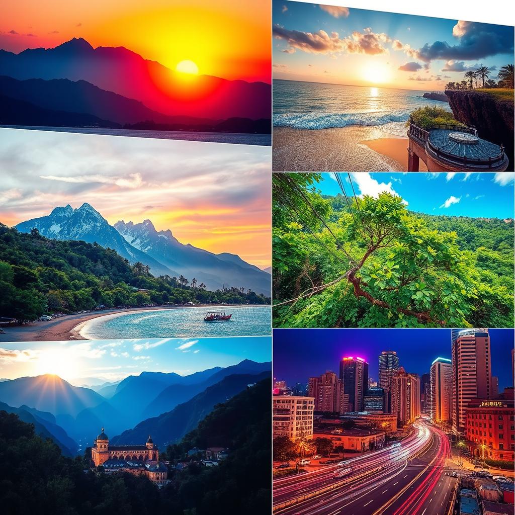 A vibrant and colorful collection of stylized photos showcasing various beautiful landscapes, each with a unique setting such as a serene mountain range at sunrise, a tranquil beach with crystal clear water under a bright blue sky, a lush green forest with sunlight filtering through the leaves, and a bustling urban area at night, illuminated by colorful city lights