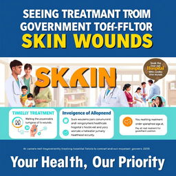 A well-designed informational poster emphasizing the key message of 'seeking treatment from government hospitals for long-lasting skin wounds