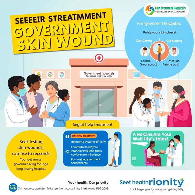 A well-designed informational poster emphasizing the key message of 'seeking treatment from government hospitals for long-lasting skin wounds