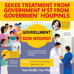 A well-designed informational poster emphasizing the key message of 'seeking treatment from government hospitals for long-lasting skin wounds