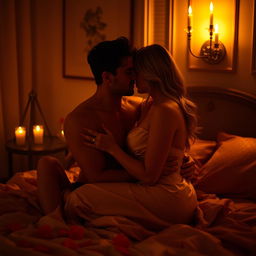 A sensual and intimate moment between two adults in a softly lit room, showcasing their deep connection and passion