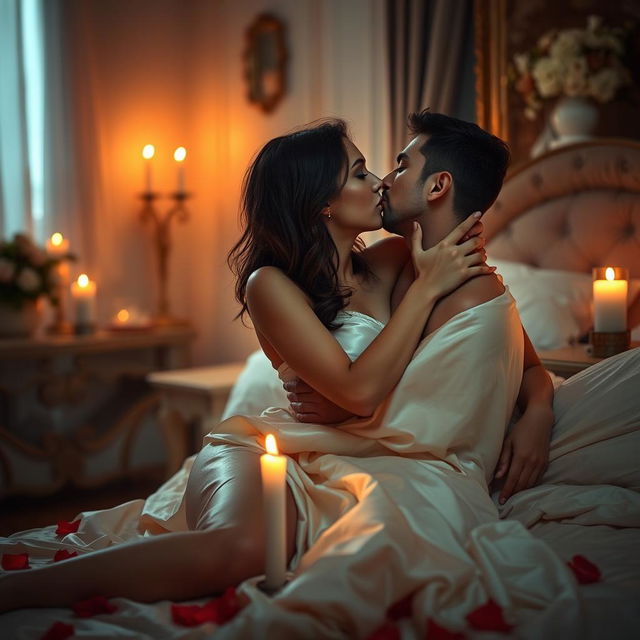 A sensual and intimate moment between two adults in a softly lit room, showcasing their deep connection and passion