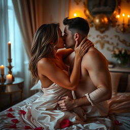 A sensual and intimate moment between two adults in a softly lit room, showcasing their deep connection and passion