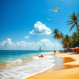 A stunning beach scene depicting a golden sandy shoreline with gentle waves lapping at the shore