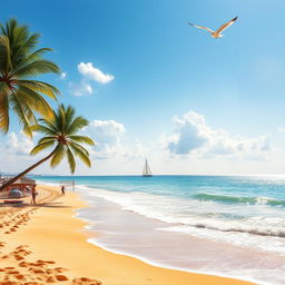 A stunning beach scene depicting a golden sandy shoreline with gentle waves lapping at the shore