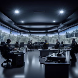 A well-lit SWAT control room styled glass penthouse office with five officers seated at arc console and screens, and another officer at a separate desk and screen, styled in accordance with architectural features in the provided link.