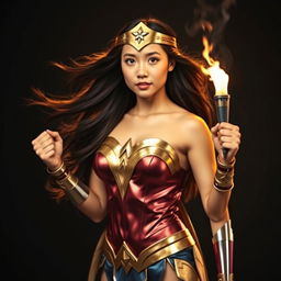 An Asian young lady embodying Wonder Woman, with long, flowing hair waving gently as she stands boldly in front of a dark background