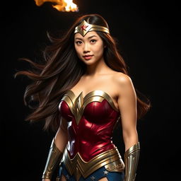 An Asian young lady embodying Wonder Woman, with long, flowing hair waving gently as she stands boldly in front of a dark background