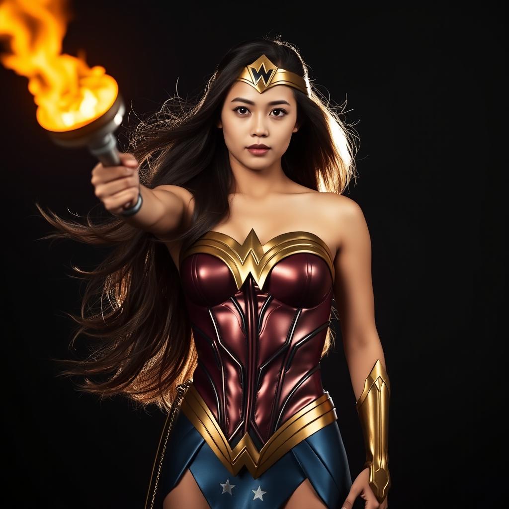 An Asian young lady embodying Wonder Woman, with long, flowing hair waving gently as she stands boldly in front of a dark background